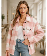 Comprar jaqueta xadrez flanelada feminina peluciada rosa com botões grandes para inverno confortável e estiloso em promoção ANELLIMN